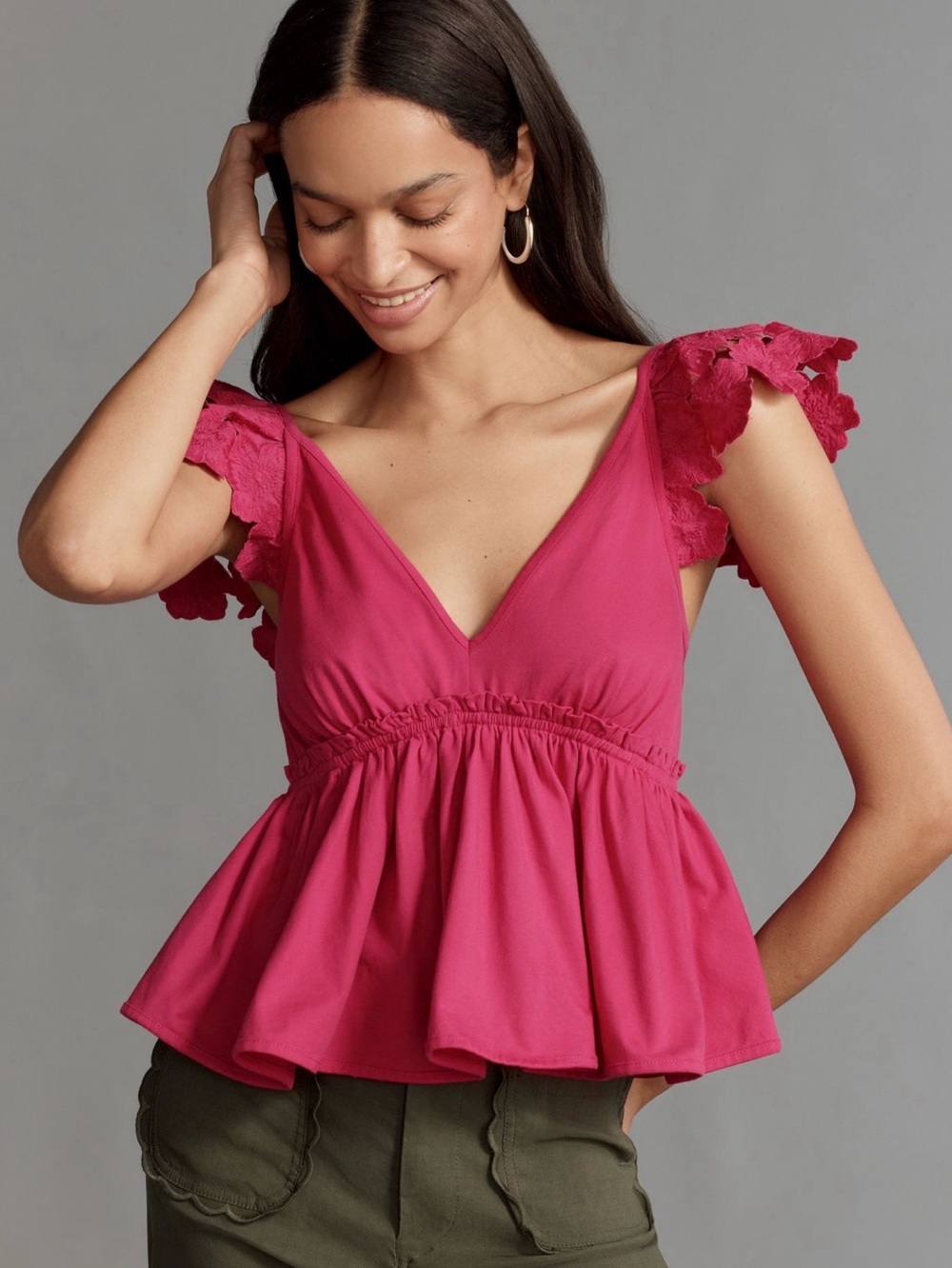 NWT Anthropologie Cotton Flutter-Sleeve V-Neck Babydoll Top Size XL